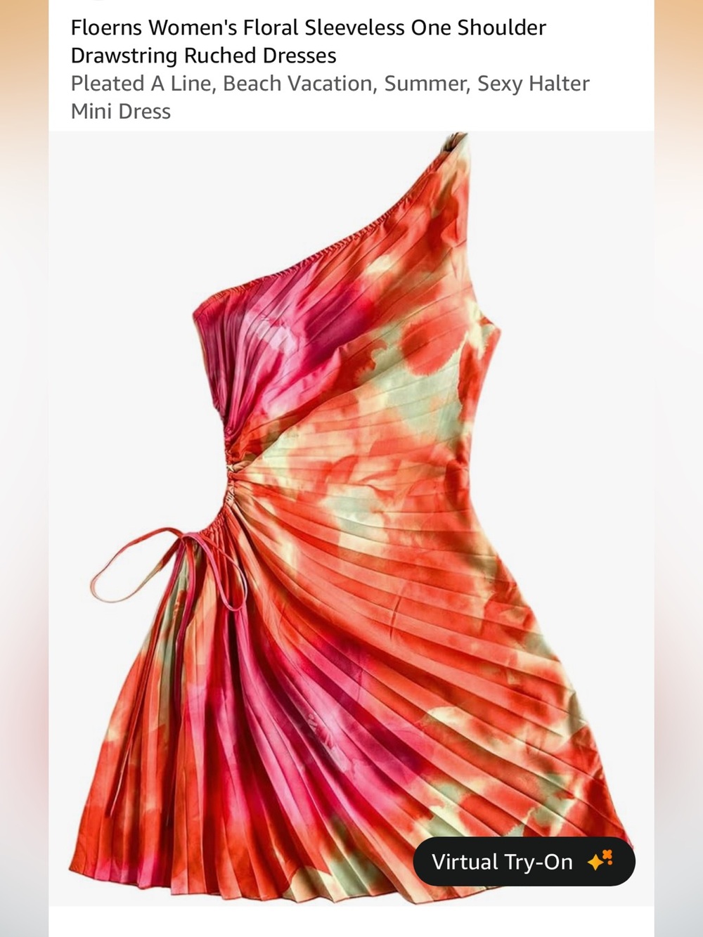 One-Shoulder Pleated Mini Dress in Coral Pink
